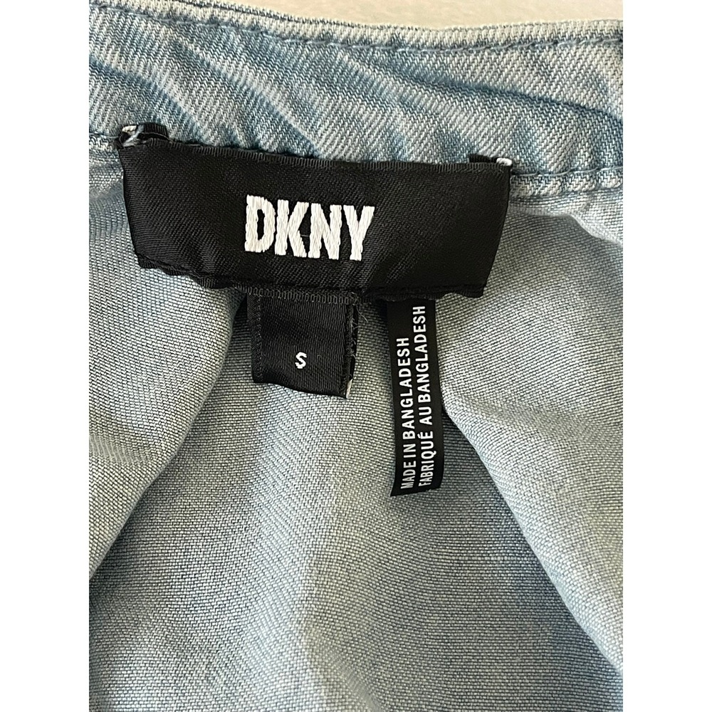 DKNY Front Zip Peplum Chambray Top Womens S Blue Puff Sleeve Lyocell Blouse - Picture 11 of 16
